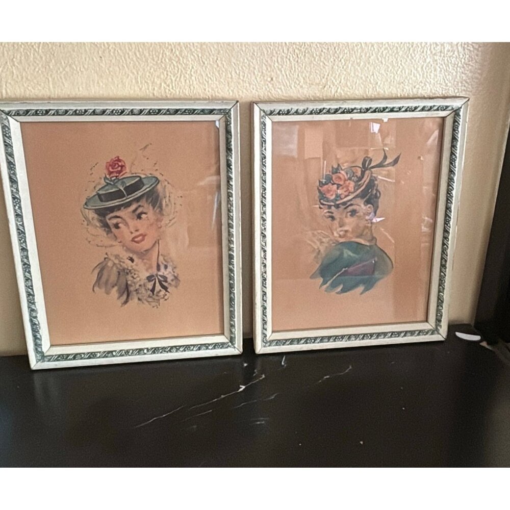 2 Victorian Ladies Old Vintage Framed Art Print Lot 1962 Donald Art Co Strevens